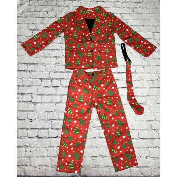 Boys 3-piece Ugly Christmas Suit Jacket Pants Tie Red Trees Small Halloween READ - Picture 3 of 10